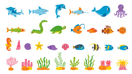Set of cute sea animals in cartoon style on white background. - obrazy, fototapety, plakaty