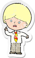 retro distressed sticker of a cartoon worried school boy raising hand