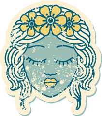 iconic distressed sticker tattoo style image of a maidens face