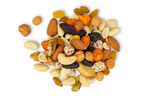 Assorted nuts and raisins. Isolated on transparent background.