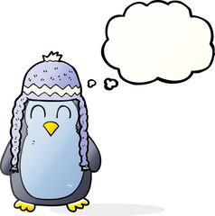 freehand drawn thought bubble cartoon penguin wearing hat