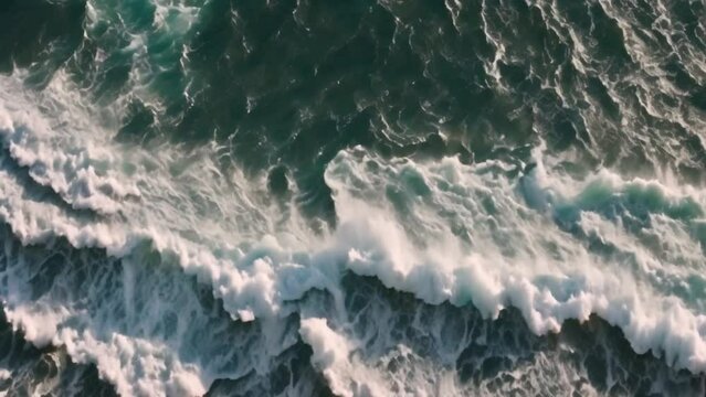 Beautiful texture of big power dark ocean waves with white wash. Aerial top view footage of fabulous sea tide on a stormy day. Drone filming breaking