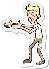 retro distressed sticker of a cartoon man desperately explaining