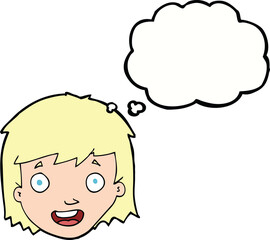 cartoon happy female face with thought bubble
