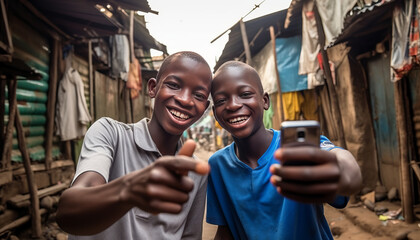 two african boys in the slums taking a selfie.laughing,generative ai