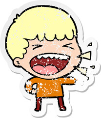 distressed sticker of a cartoon laughing man