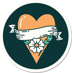 sticker of tattoo in traditional style of a heart flower and banner