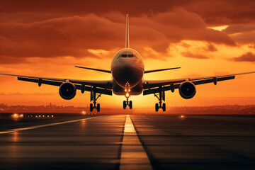 passenger airplane at airport landing / taking off at sunset