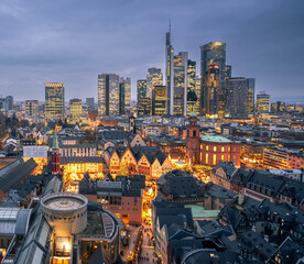Frankfurt am Main city view with modern architecture and Romerberg - obrazy, fototapety, plakaty