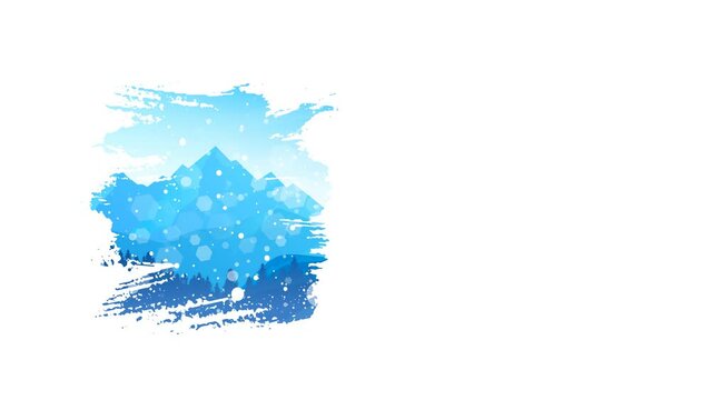 Winter mountains landscape. Snow. Snowing. Blizzard. Snowstorm. Adventure, hiking, tourism. Travel of extreme, active winter sport. Minimalistic polygonal flat design graphic poster. 2d flat animation