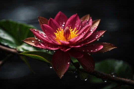 high quality detailed close-up image of a beautiful exotic flower on a dark brown branch with water droplets reflecting light set against a blurry dark gray and dark slate colored background