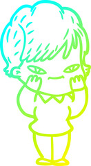 cold gradient line drawing of a cartoon happy woman