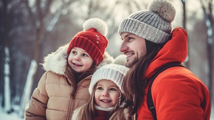 Fototapeta premium Joyful winter family moments: parents and daughters share smiles outdoors, generative ai
