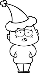 hand drawn line drawing of a tired bald man wearing santa hat