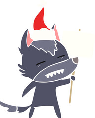 hand drawn flat color illustration of a wolf with sign post showing teeth wearing santa hat