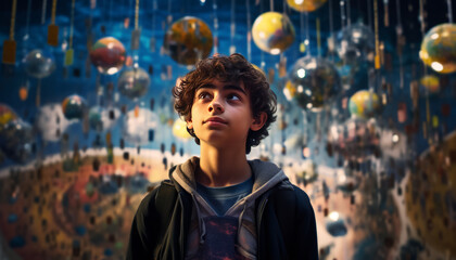 Young Middle Eastern boy explores space science exhibition on a school trip Generative AI.