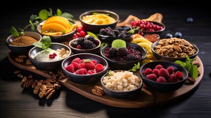 Fototapeta na wymiar toppings should have an appetizing texture, food props like fruit, honey, jam, granola, nuts, healthy, food, fruit, berry, raspberry, nutrition, blueberries, organic, antioxidant