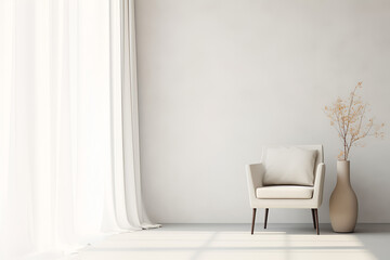 Minimalistic interior in light colors with window, vase and chair