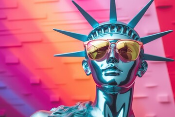 Creative portrait of blue glossy statue of liberty wearing sunglasses on multicolored abstract...