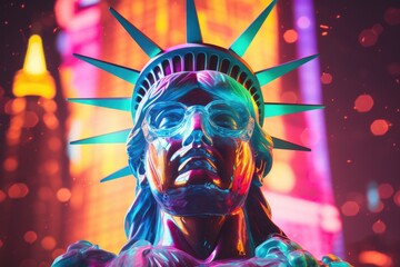 Creative portrait of glossy statue of liberty wearing glasses illuminated with neon light.