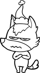 hand drawn line drawing of a annoyed wolf wearing santa hat