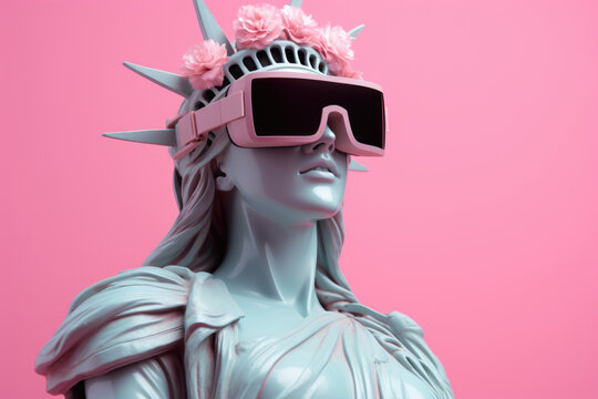 Creative portrait of statue of liberty wearing pink vr glasses and flowers on her head on pink negative space.