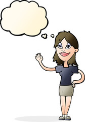 cartoon woman waving with thought bubble