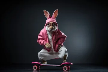 Zelfklevend Fotobehang Funny hare in pink hoodie and sunglasses on skateboard on dark gray background. © Владимир Солдатов