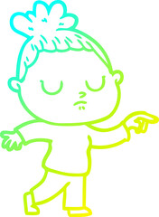 cold gradient line drawing of a cartoon calm woman