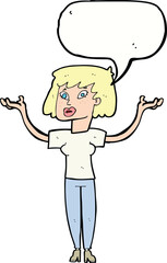 cartoon woman holding up hands with speech bubble