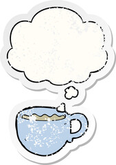 cartoon coffee cup with thought bubble as a distressed worn sticker