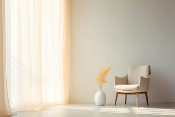 Minimalistic interior in light colors with window, vase and chair