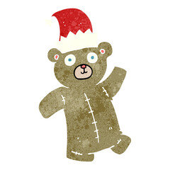 freehand retro cartoon teddy bear wearing christmas hat