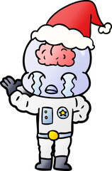 hand drawn gradient cartoon of a big brain alien crying wearing santa hat