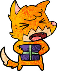 angry cartoon fox with christmas present