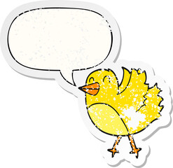 cartoon bird with speech bubble distressed distressed old sticker