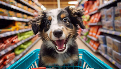 Puppy joyfully shops for pet supplies in a vast superstore.