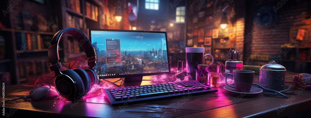 Poster wide gaming console table image with colorful neon busy room background and a game player in front o