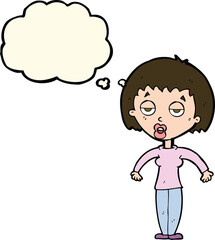 Obraz premium cartoon woman shrugging shoulders with thought bubble