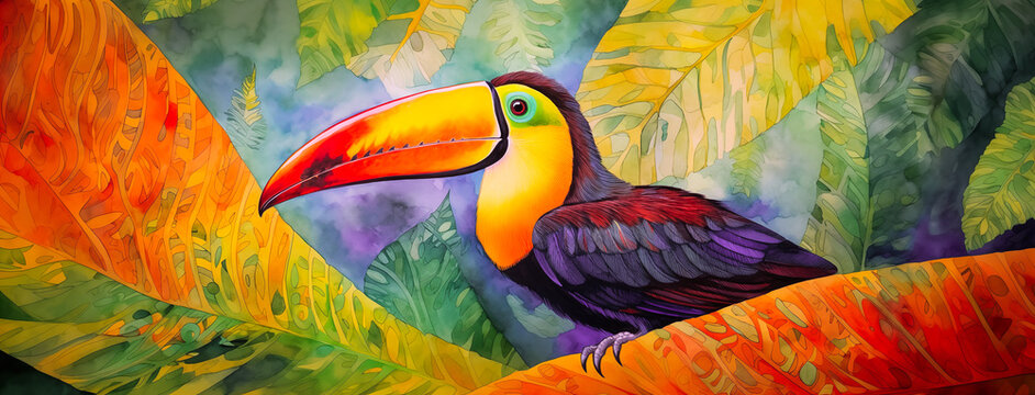 Modern toucan bird art with tropical flowers and botanical foliage background. Colorful toco hornbill in paradise for vacation beach travel, cartoon exotic jungle, modern graphic resource by Vita
