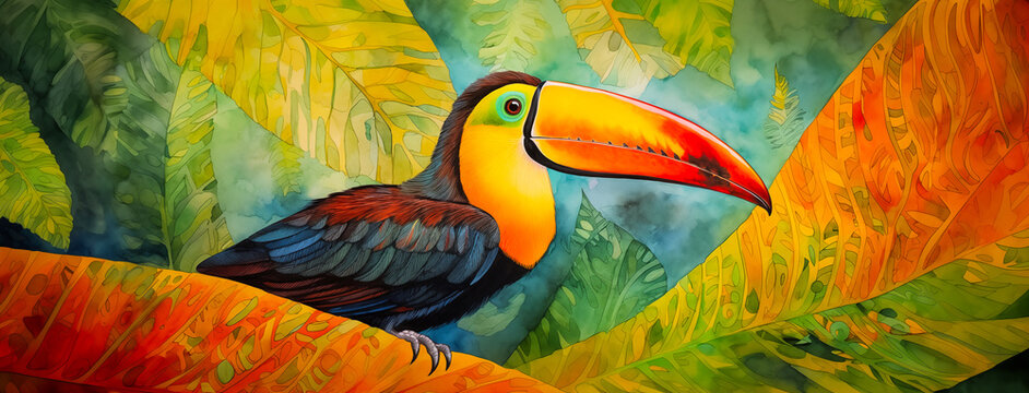 Modern toucan bird art with tropical flowers and botanical foliage background. Colorful toco hornbill in paradise for vacation beach travel, cartoon exotic jungle, modern graphic resource by Vita