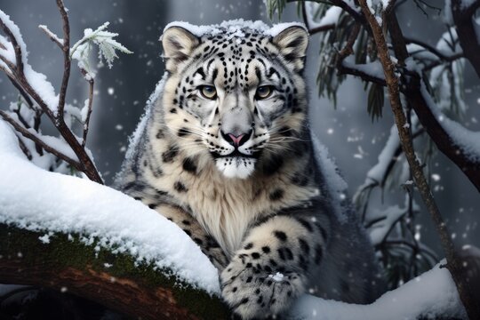 Image of snow leopard running in the mountains wood