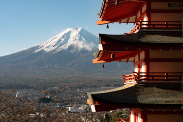 Red autumn in Japan. Chureito pagoda in Fujiyoshida with mount Fuji. Beautiful japanese landmark...