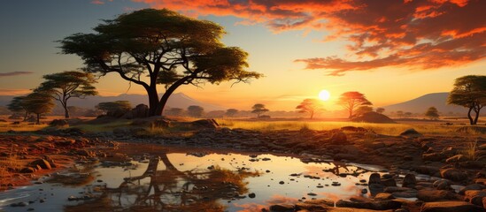 Sunrise in the savanna against the background of a large tree with dewy grass