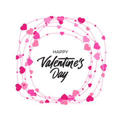 Abstract frame of hearts on line with pink petal heart shape particles. Valentine card with romantic love lettering. Happy valentines day text template. Website banner February holiday loves poster