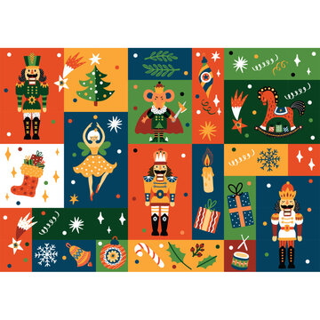 Nutcracker. Cute Christmasgorizontal border. Christmas colorful motifs.
