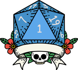 Retro Tattoo Style natural one d20 dice roll