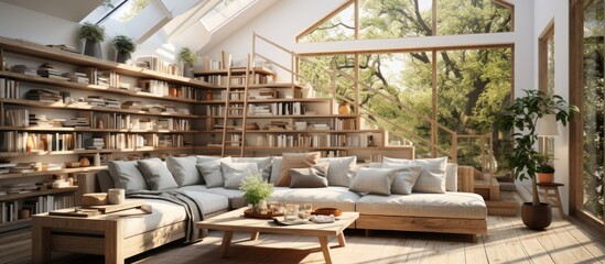 Obraz na płótnie Canvas Bright living room interior with large sofa and bookshelves
