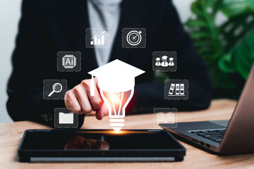 Education technology development and business experience concept, Businesswomen e-learning for business work,Experience success of work, future opportunities education, internet lessons online webinar