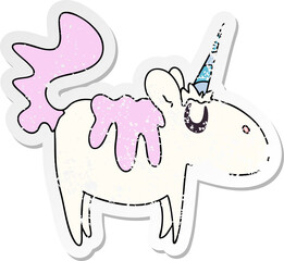 distressed sticker of a quirky hand drawn cartoon unicorn